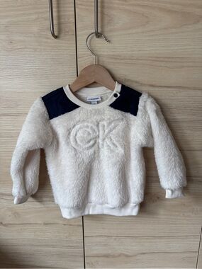 Calvin Klein Cream Fuzzy Pullover with Navy Shoulder Panels